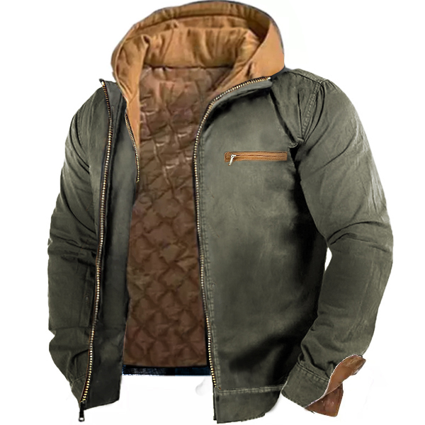 Men's Winter Flannel Quilted Lined Hooded Zip Pocket Shirt Jacket