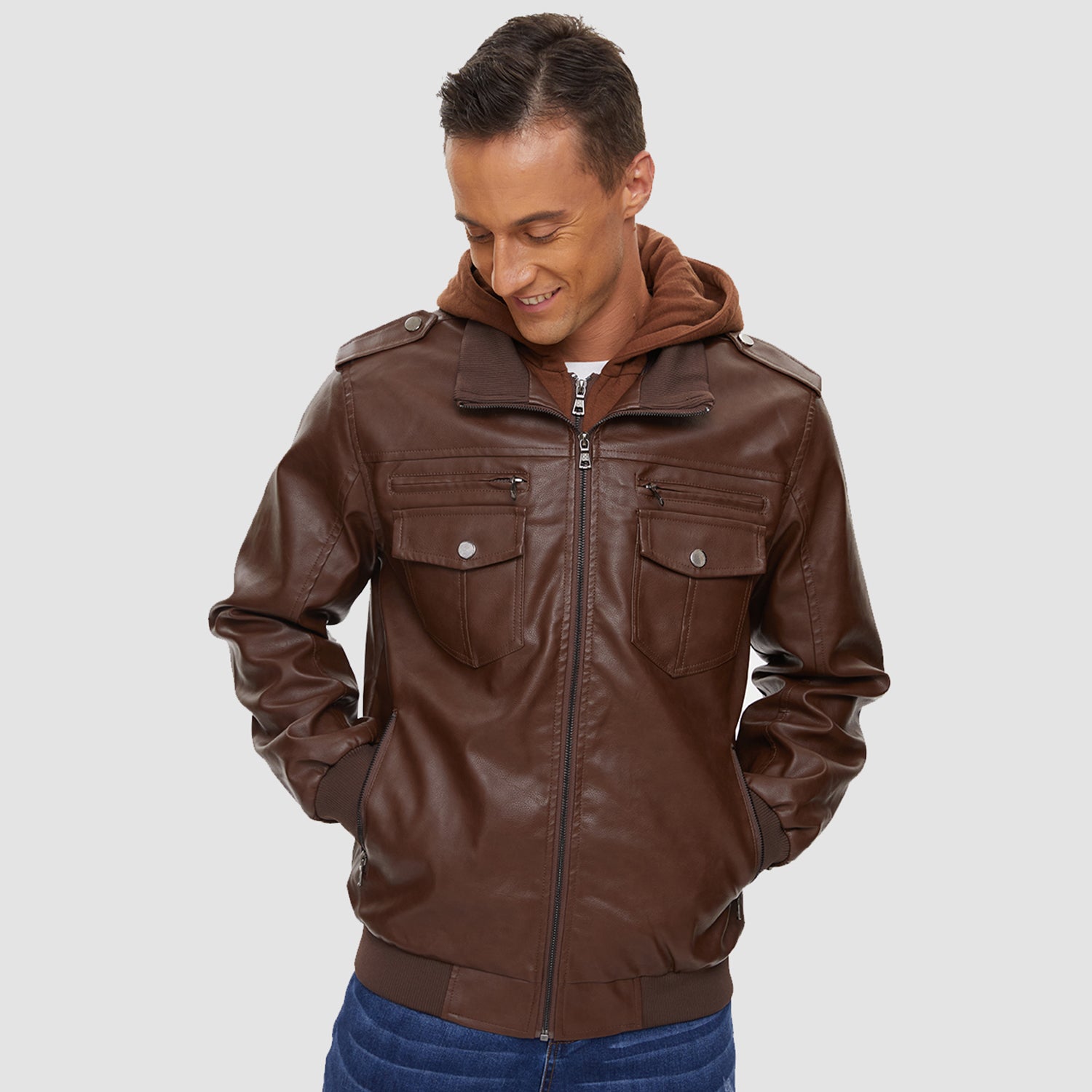 Men's PU Faux Leather Jacket Bomber Jacket with Removable Hood Motorcycle Jacket